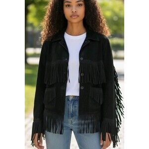 Vintage Boho Fringed Leather Jacket, Black, Size XL, Heavy, Hippie,Read